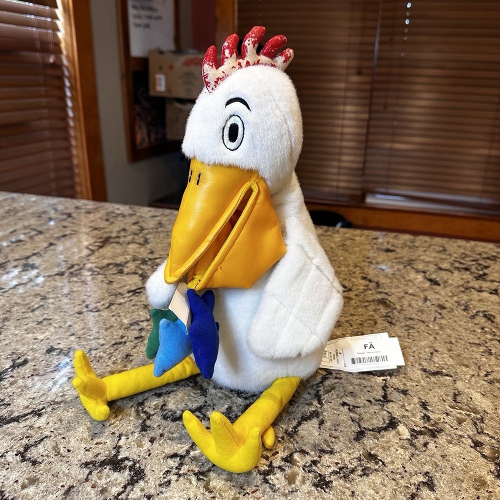Vintage IKEA FÄ Pelican Plush 14" RARE Soft Toy White Bird Yellow Beak With Fish